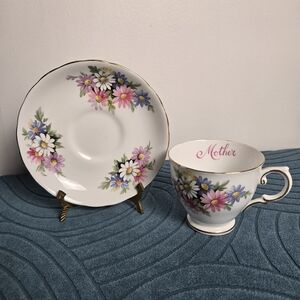 Floral Bone China 'Mother' Teacup and Saucer - Pink & White Floral